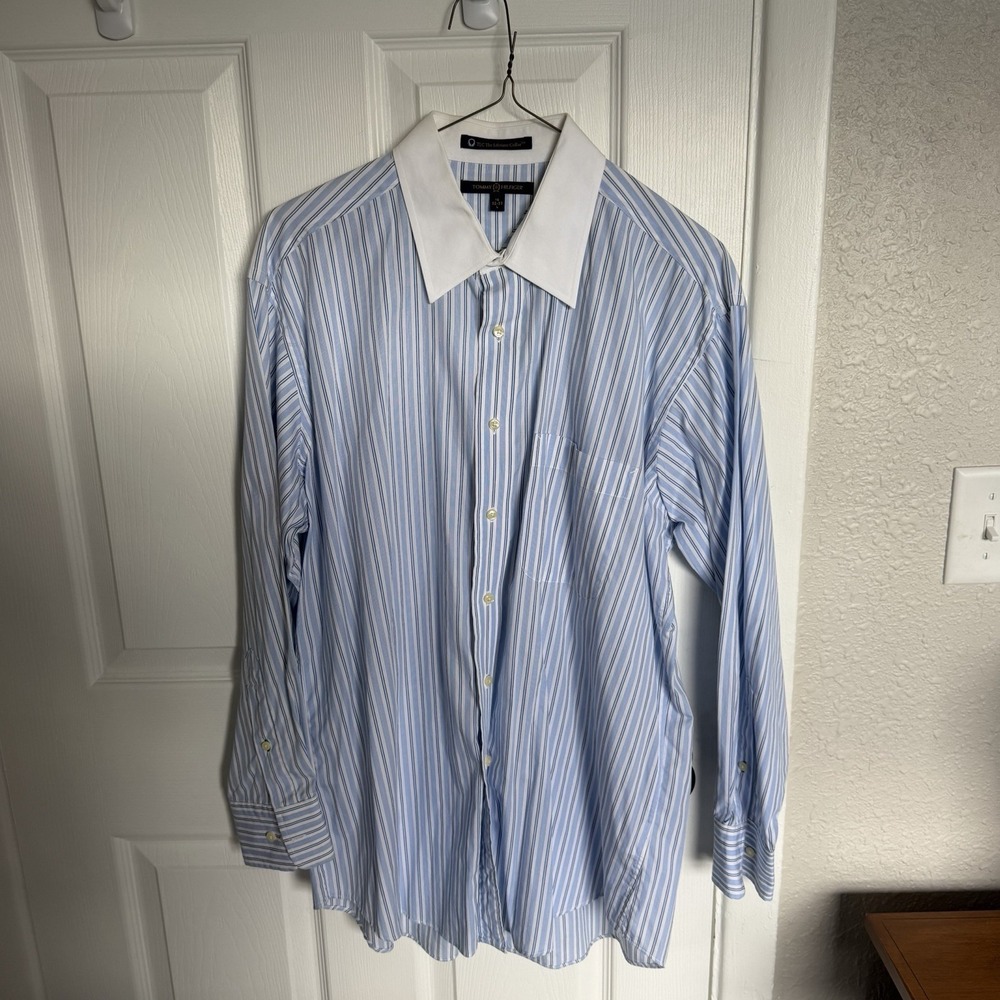 Tommy Hilfiger Regular Fit Cotton Blue White Striped Dress Shirt 16 L 32/33